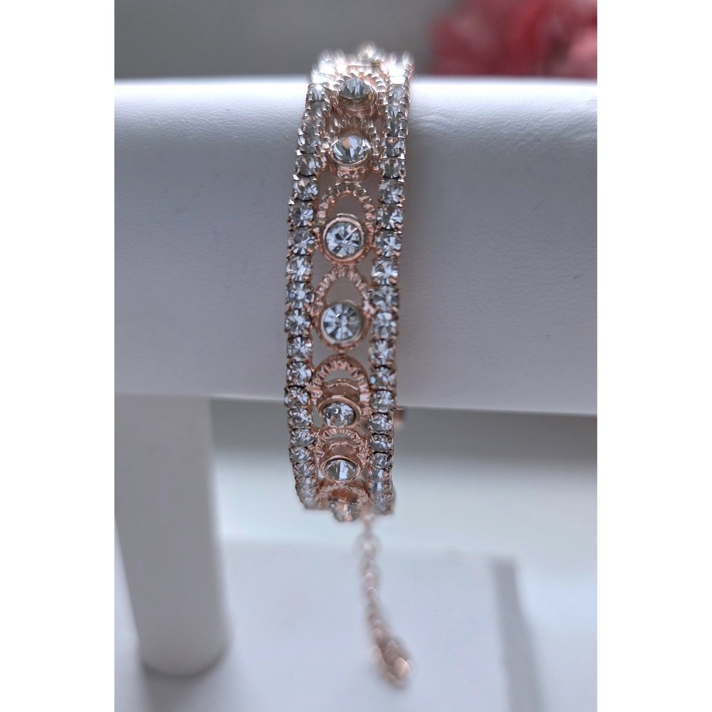 Napier Rose Gold Tone Rhinestone Triple Row Adjustable Bracelet Clear Crystals
